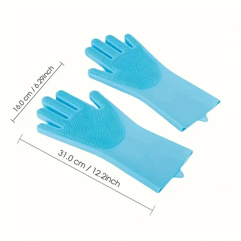 Multi-Surface Blue Silicone Cleaning Gloves (31×16cm) - Scrubber Bristles for Kitchen, Bathroom & Car Cleaning