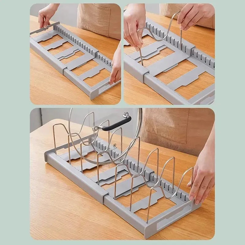 Expandable Kitchen Pot Pan Organizer Under Cabinet with 7 Adjustable Dividers Food Storage Container Lid Storage 1 Pack