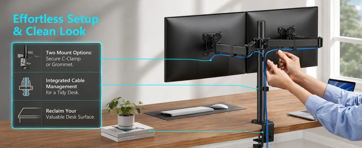 Dual Monitor Stand, Heavy Duty Adjustable Monitor Desk Mount for 2 Screens up to 32 Inches, Fully Adjustable Height, Tilt, Swivel, Rotate, Supports 17.6 lbs per Monitor Arm, Easy Installation