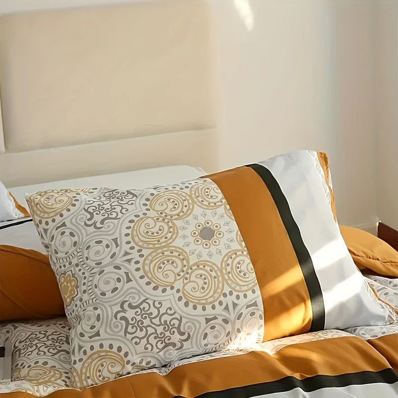Orange-Gray Striped Print Three-Piece Duvet Cover Set, Skin-Friendly and Breathable Bedding (1 Duvet Cover + 2 Pillowcases), Ultra-Soft Breathable Fabric, Skin-Friendly, Comfortable, Breathable, Machine Washable, All-Season B