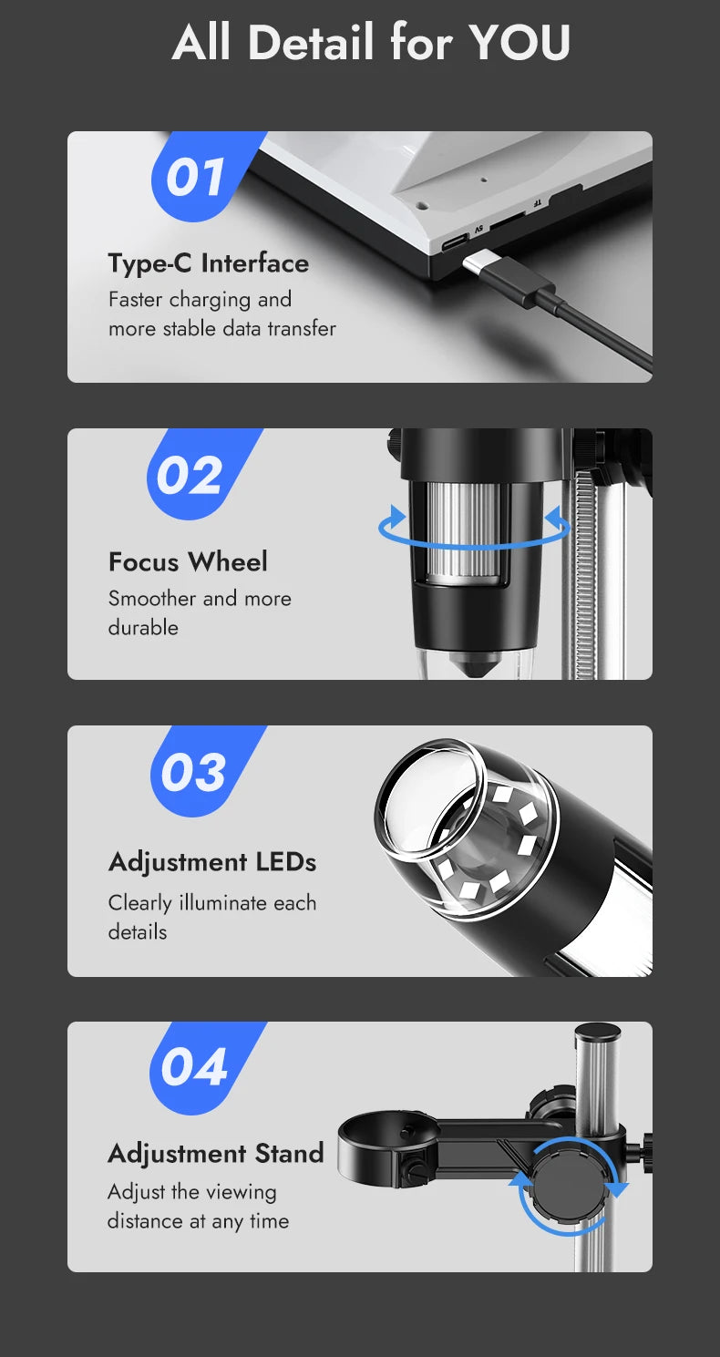 Hayve 4.3'' Digital Microscope 1000X Coin Microscope 1080P Video Microscope for Adult Soldering Microscope With 8 LEDs , PC View