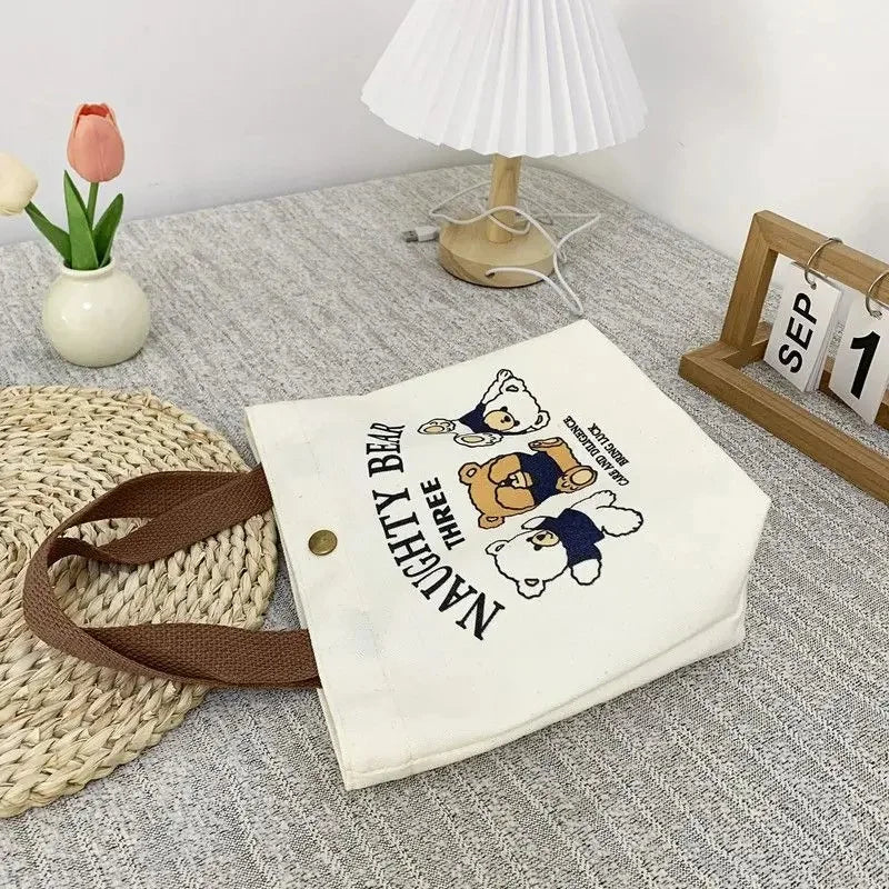 Cute Bear Canvas Mini Handheld Tote Bag Women Portable Lunch Bag Small Student School Handbag Ideal Gift Bag