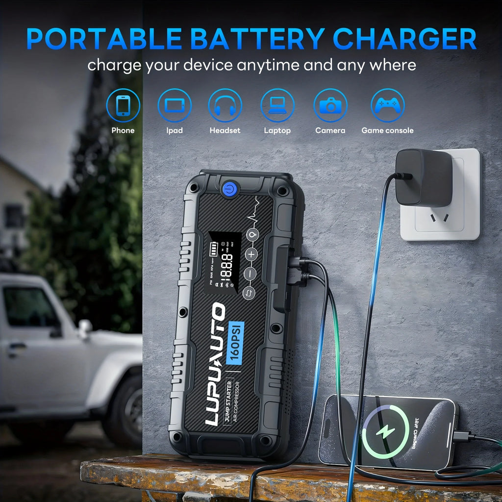 4 In 1 Car Jump Starter with LED Lighting 4000A Portable Car Battery Charger Power Bank Tire Inflator Pump 160PSI Air Compressor