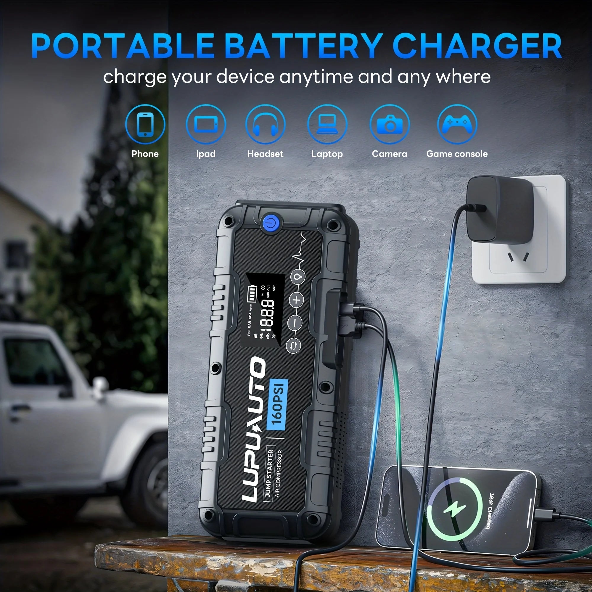 4 In 1 Car Jump Starter with LED Lighting 4000A Portable Car Battery Charger Power Bank Tire Inflator Pump 160PSI Air Compressor