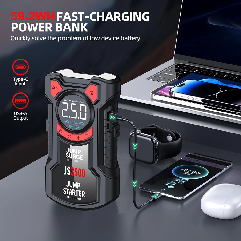 5-in-1 Multifunctional Air Pump Jump Starter with Air Compressor 3000A Peak/150PSI Battery Jump Starter Digital Tire Inflator