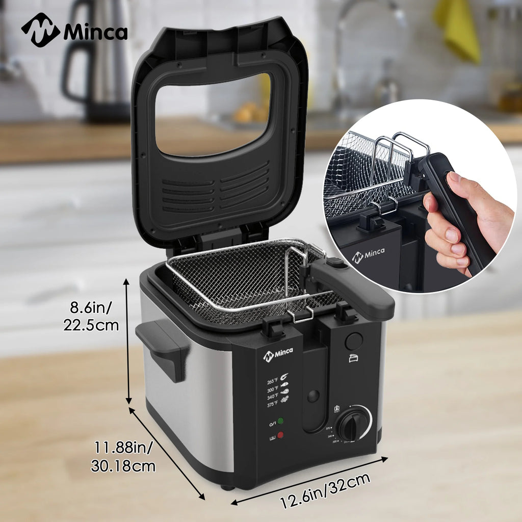 M Minca 2.5L Deep Fryer, 1500W Non-Stick Electric Fryer with Temperature Control, Detachable Lid & Odor Filter, Removable Frying Basket, Non-Slip Base, Easy to Clean, Ideal for Small Families