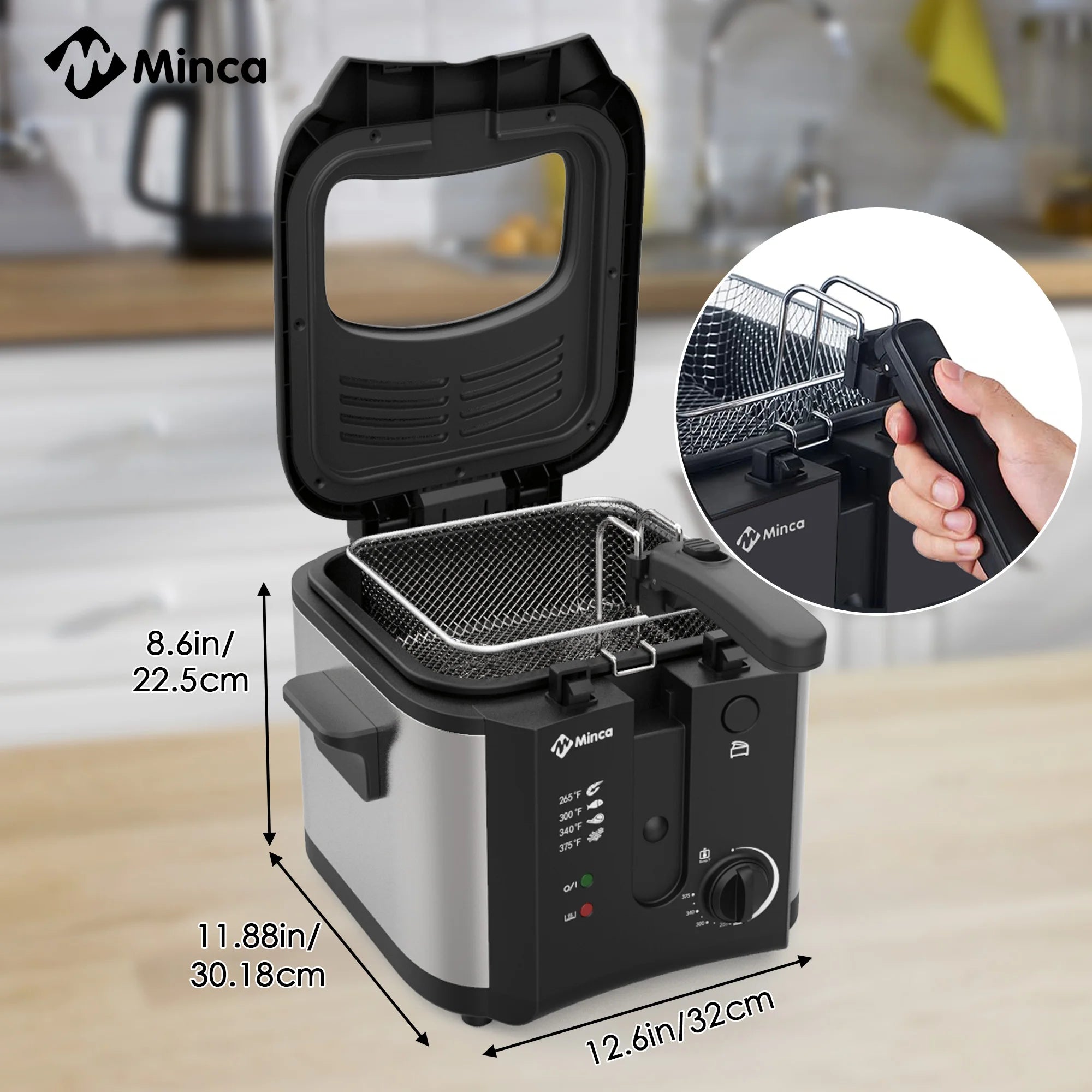 M Minca 2.5L Deep Fryer, 1500W Non-Stick Electric Fryer with Temperature Control, Detachable Lid & Odor Filter, Removable Frying Basket, Non-Slip Base, Easy to Clean, Ideal for Small Families