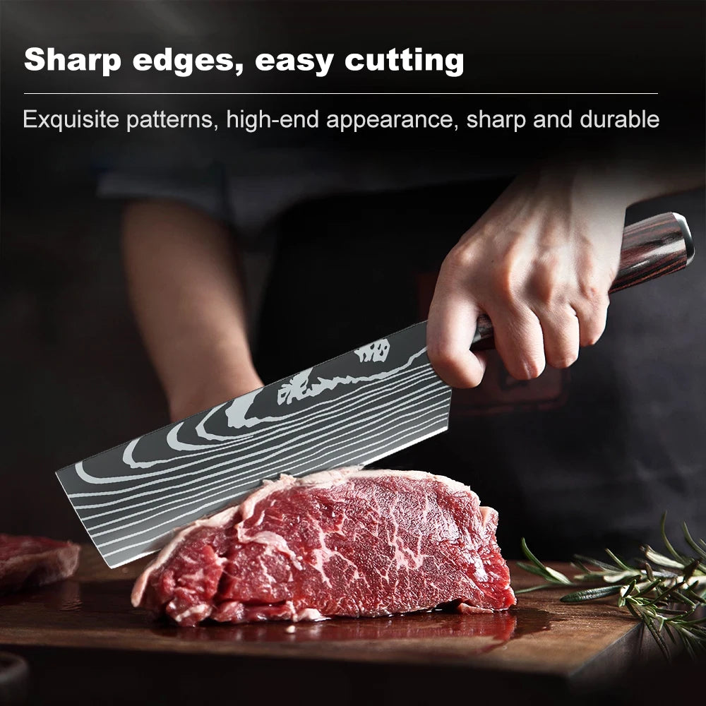 9 Types of Stainless Steel Kitchen Knife, Japanese Chef Knife, Meat Cleaver, Santoku, Bread, Boning, Slicing, Fruit Knife with Gift Box