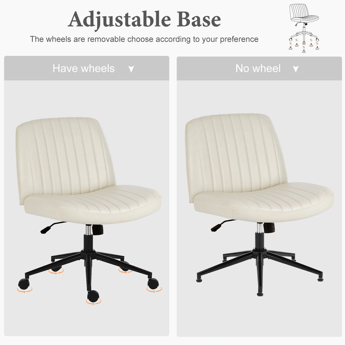 JHK Armless Cross Office Chairs with Wheels PU Leather Swivel Living Room Desk Chair Height Adjustable Support Seat Furniture