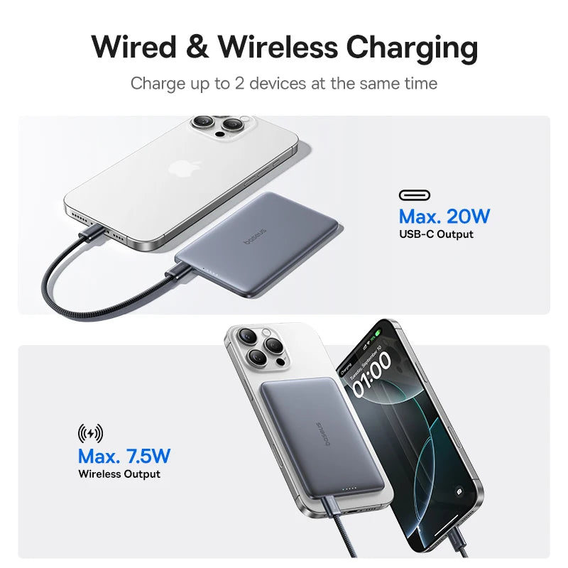 Baseus 5000mAh Magnetic Power Bank 15W PD 20W Wired Charging Thin Card-Sized Slim Portable Powerbank for iPhone 17 Samsung