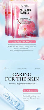 Sadoer Sakura Face Mask Facial Skincare Moisturizing Brightening Hydrating Firming Collagen Facial Masks Face Sheet Mask