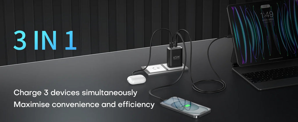 65W GaN Wall Charger with Retractable USB-C Cable, Dual-Port PD 3.0 & QC 4+ / 4.0 Fast Charging for iPhone, Galaxy, Pixel, iPad, Tablets, Nintendo Switch, AirPods
