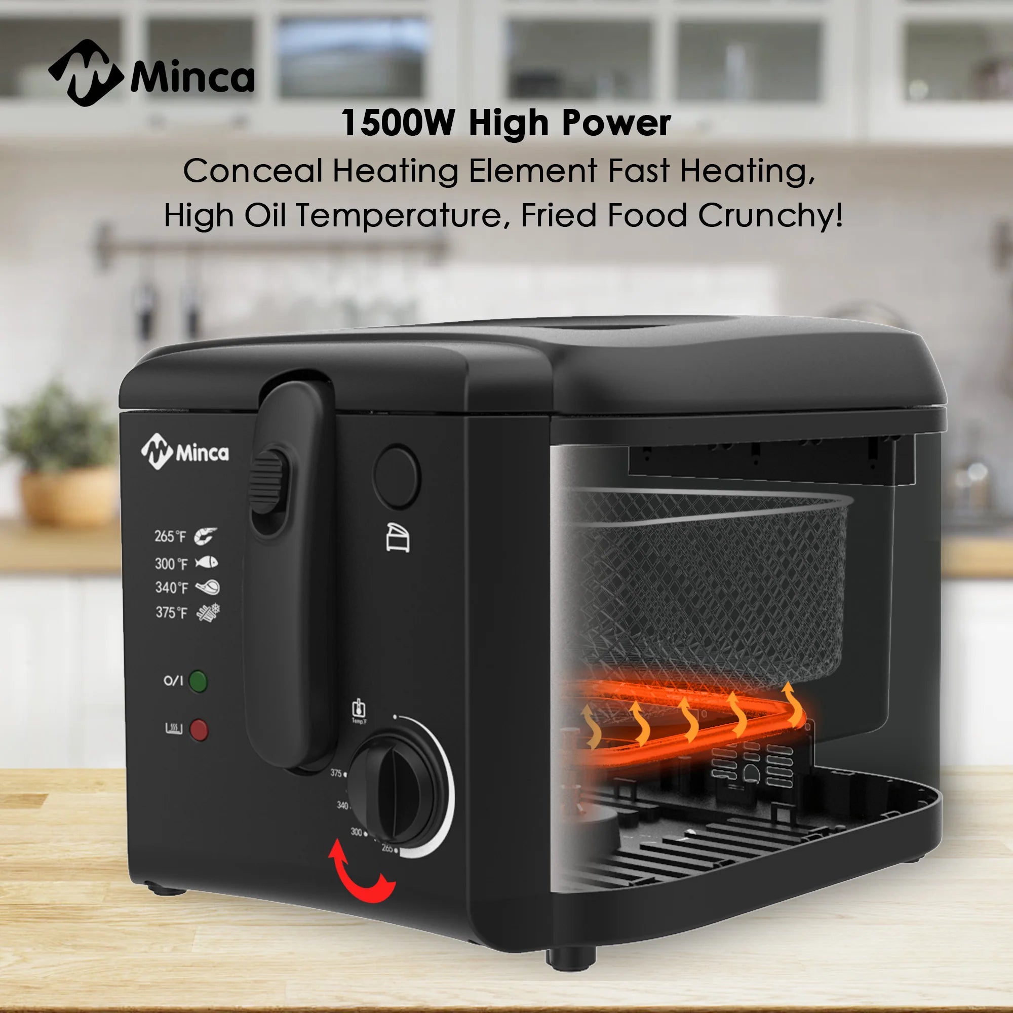 M Minca 2.5L Deep Fryer, 1500W Non-Stick Electric Fryer with Temperature Control, Detachable Lid & Odor Filter, Removable Frying Basket, Non-Slip Base, Easy to Clean, Ideal for Small Families