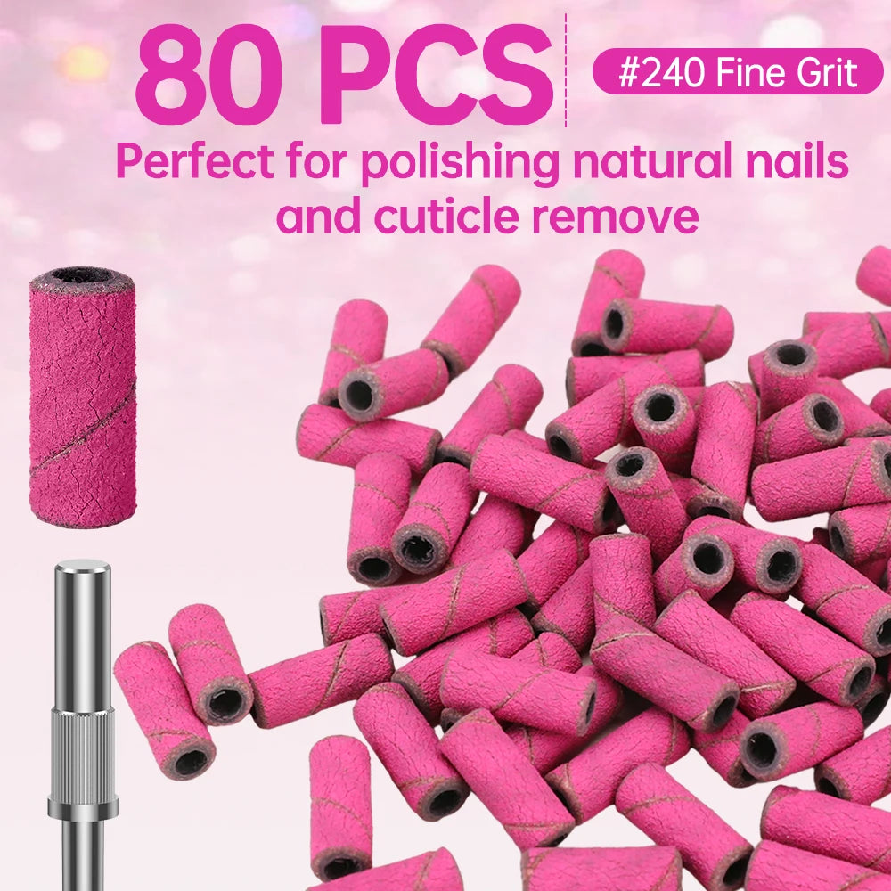 180/240 Fine Grit Small Nail Sanding Bands for Nail Drill, 80 Pcs Nail File Sanding Bands with Drill Bits for Manicure Pedicure