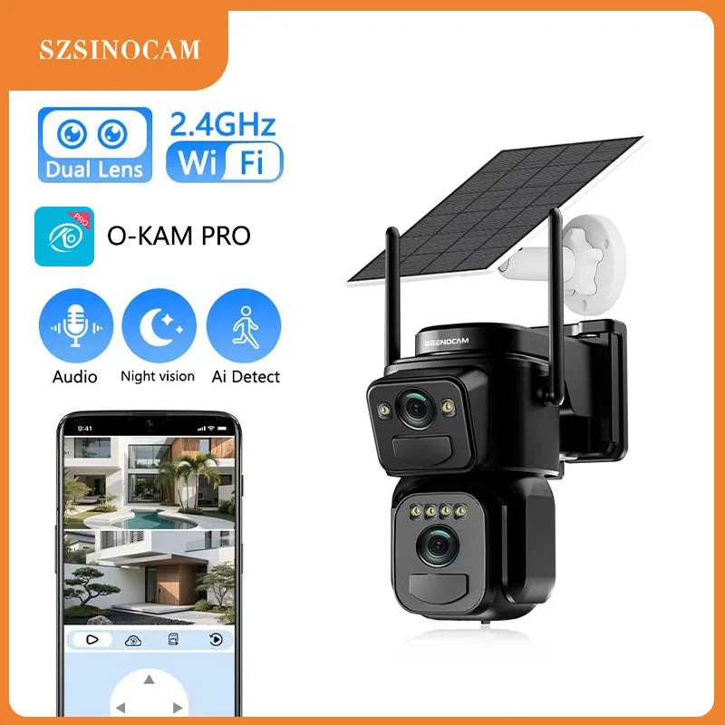 SZSINOCAM Dual Lens Solar WiFi Camera Outdoor Security 24h Record Built in Battery Solar Panel Wireless Cam Alarm