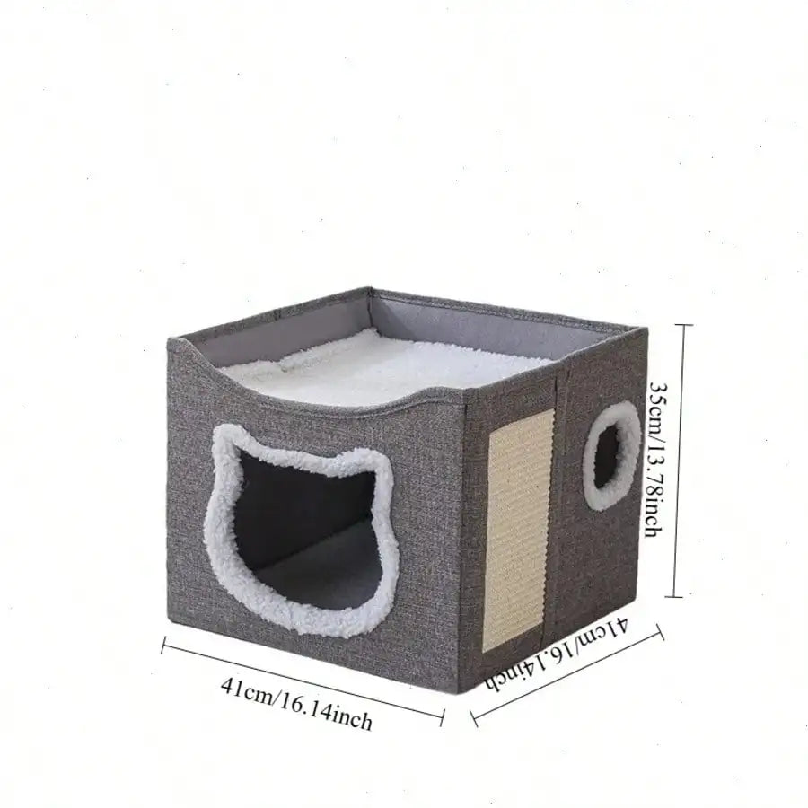 4-Season Multi-Level Cat House: Foldable Indoor Play Cube with 2-Layer Bed, Toy Tunnel, Scratching Board, Climbing Rope, Soft Cushions, and Non-Slip Base - Perfect Cat Cave & Warm Bed for Small to Large Cats (Grey）