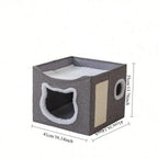 4-Season Multi-Level Cat House: Foldable Indoor Play Cube with 2-Layer Bed, Toy Tunnel, Scratching Board, Climbing Rope, Soft Cushions, and Non-Slip Base - Perfect Cat Cave & Warm Bed for Small to Large Cats (Grey）