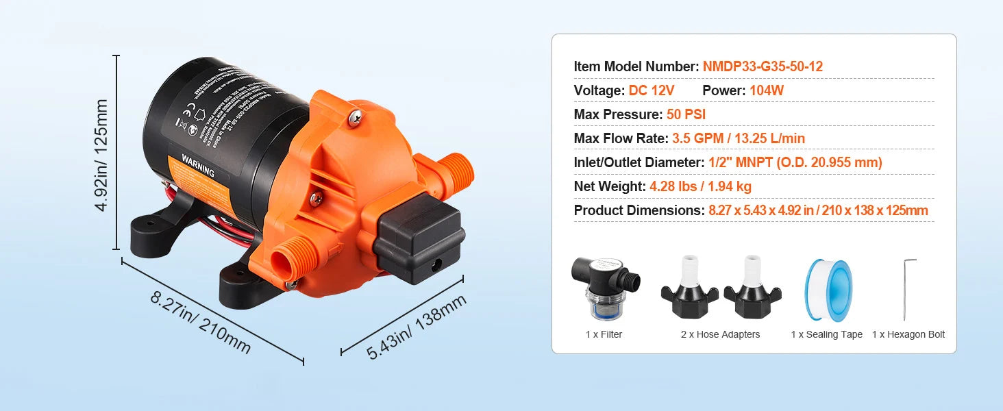 SucceBuy 12V Diaphragm Pump 1.8/3/3.5/5 GPM 3/4/5-Chamber 40-100 PSI Adjustable 1/2'' MNPT Port for RV Yacht Food Truck Camper