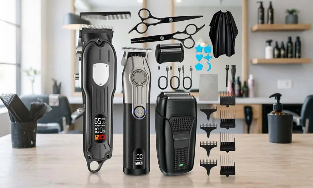 Professional Hair Clipper Set for Men, Cordless Haircut Kit with LED Display, 3-in-1/2-in-1/1pc  rechargeable Hair Clipper & T-Blade Trimmer & electric shaver, Barber Zero-Gapped Detailer, DIY Grooming Tools with Scissors, Co