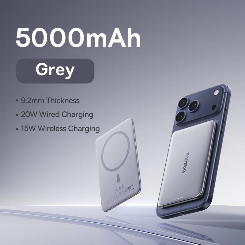 Baseus 5000mAh Magnetic Power Bank 15W PD 20W Wired Charging Thin Card-Sized Slim Portable Powerbank for iPhone 17 Samsung