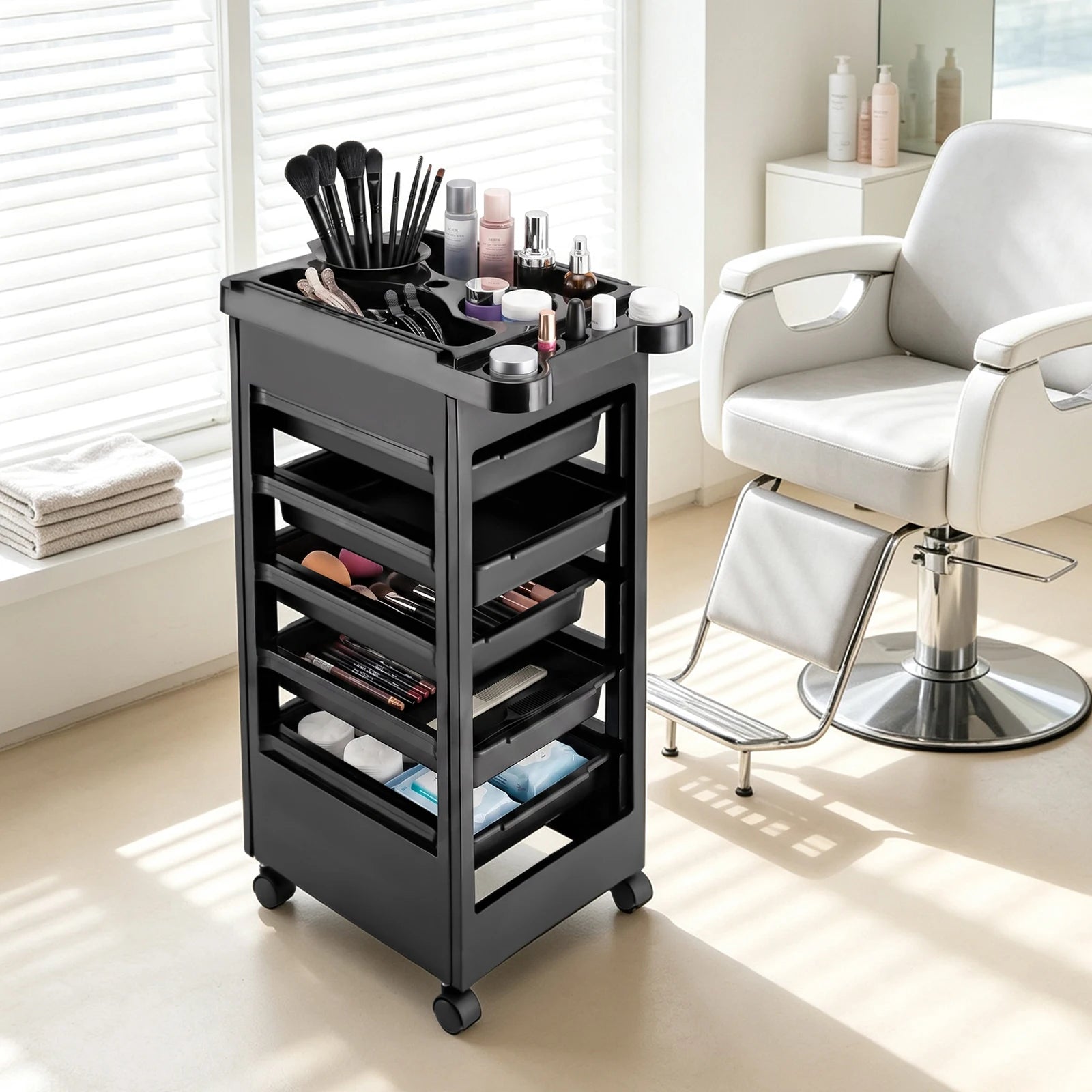 Salon Trolley Cart with Wheels and 5 Drawers, Multipurpose Beauty Cart, Hairdressing Rolling Cart for Barbershop Beauty Spa, Black