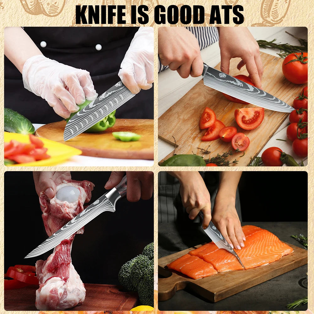 9 Types of Stainless Steel Kitchen Knife, Japanese Chef Knife, Meat Cleaver, Santoku, Bread, Boning, Slicing, Fruit Knife with Gift Box