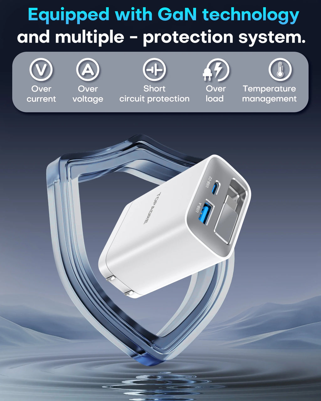 65W GaN Wall Charger with Retractable USB-C Cable, Dual-Port PD 3.0 & QC 4+ / 4.0 Fast Charging for iPhone, Galaxy, Pixel, iPad, Tablets, Nintendo Switch, AirPods