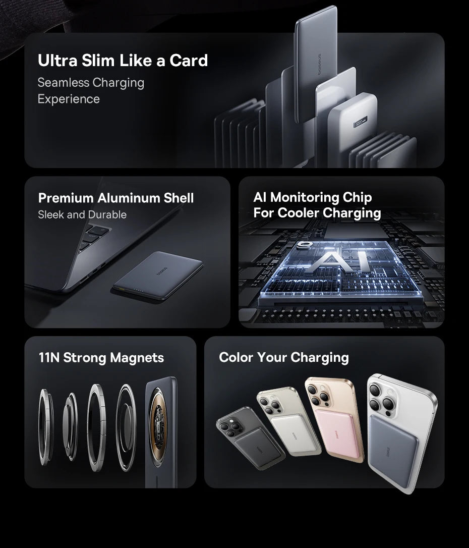 Baseus 5000mAh Magnetic Power Bank 15W PD 20W Wired Charging Thin Card-Sized Slim Portable Powerbank for iPhone 17 Samsung