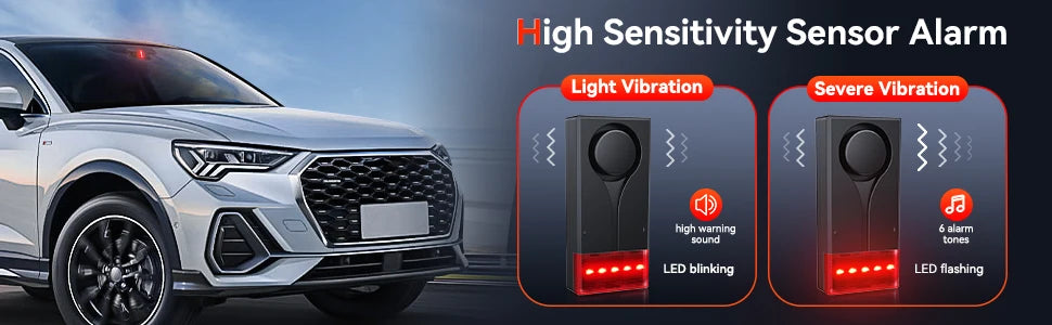 Wireless Car Vibration Burglar Alarm With Light 108dB Loud Car Door And Window Anti Theft Alarm Bike Motorcycle Security Alarm