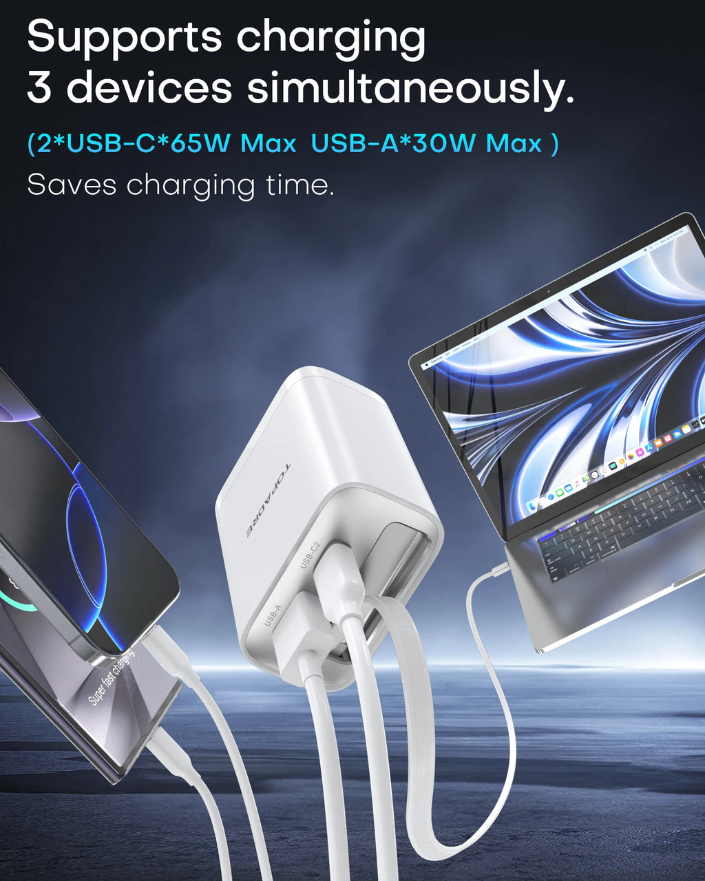 65W GaN Wall Charger with Retractable USB-C Cable, Dual-Port PD 3.0 & QC 4+ / 4.0 Fast Charging for iPhone, Galaxy, Pixel, iPad, Tablets, Nintendo Switch, AirPods