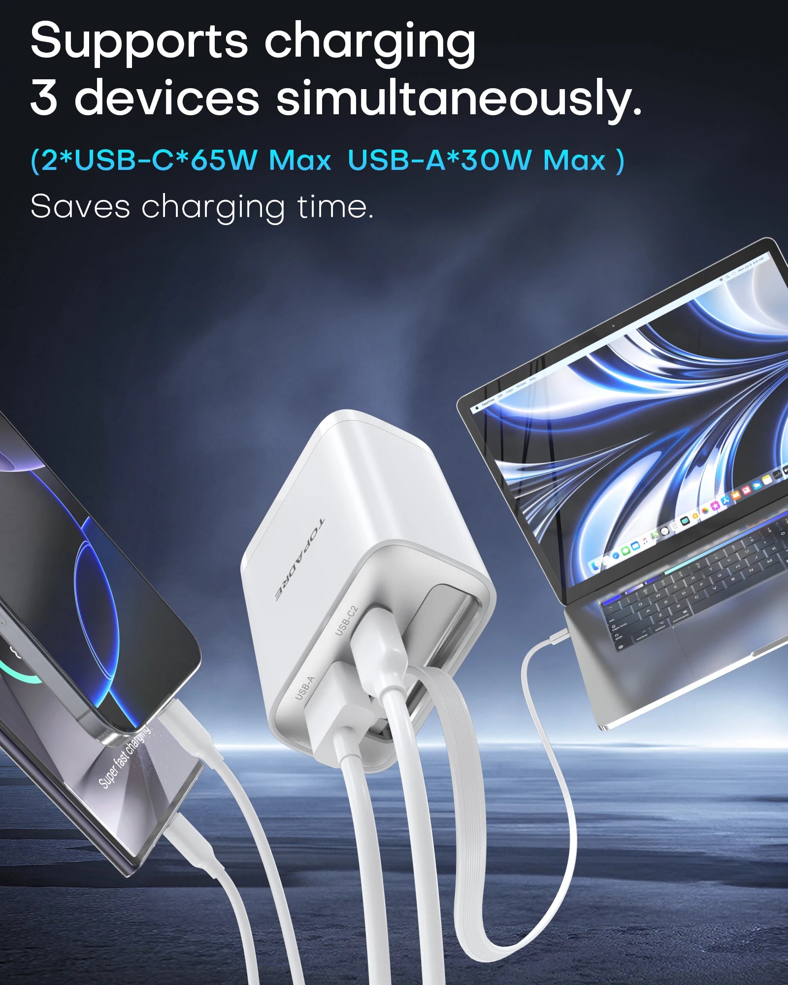 65W GaN Wall Charger with Retractable USB-C Cable, Dual-Port PD 3.0 & QC 4+ / 4.0 Fast Charging for iPhone, Galaxy, Pixel, iPad, Tablets, Nintendo Switch, AirPods