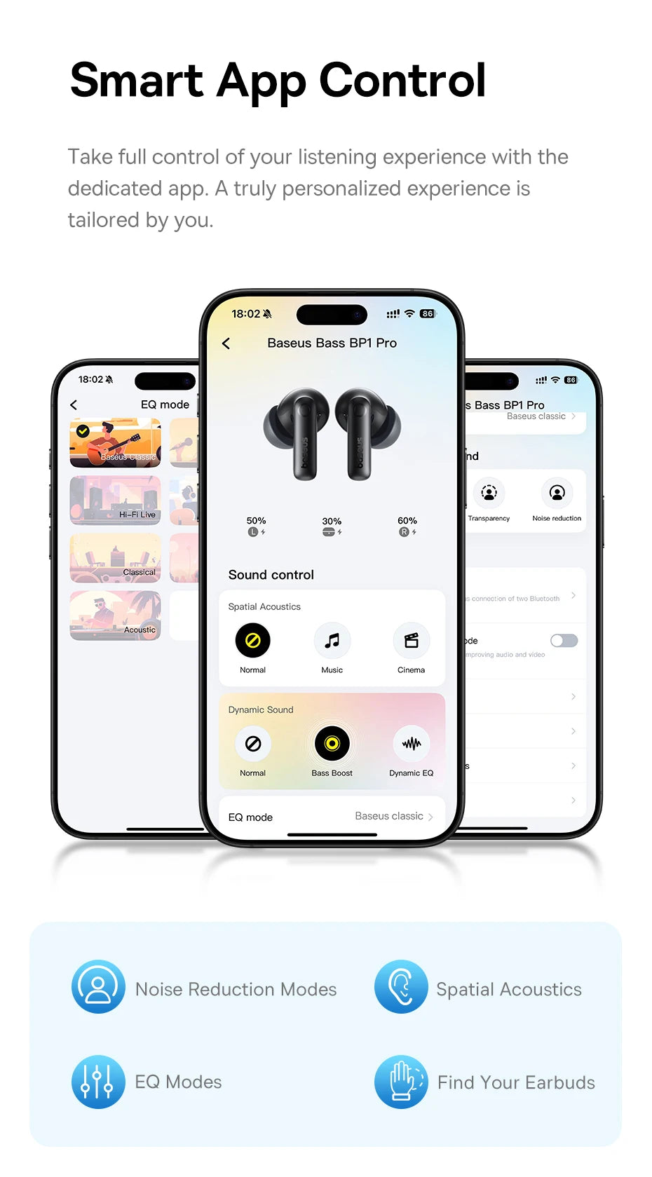 Baseus Bass BP1 Pro -50dB Noise Cancelling Wireless Earbuds Bluetooth 6.0 LDAC Hi-Res Sound 6-Mic AI Clear Calls IP55 Earphones