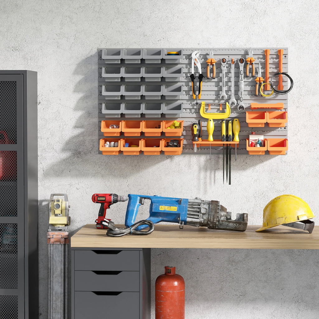 Durhand Wall Mounted Storage Bins, 44Pc Pegboard Tool Organizer Rack Kit Garage Plastic Shop Tool, Orange