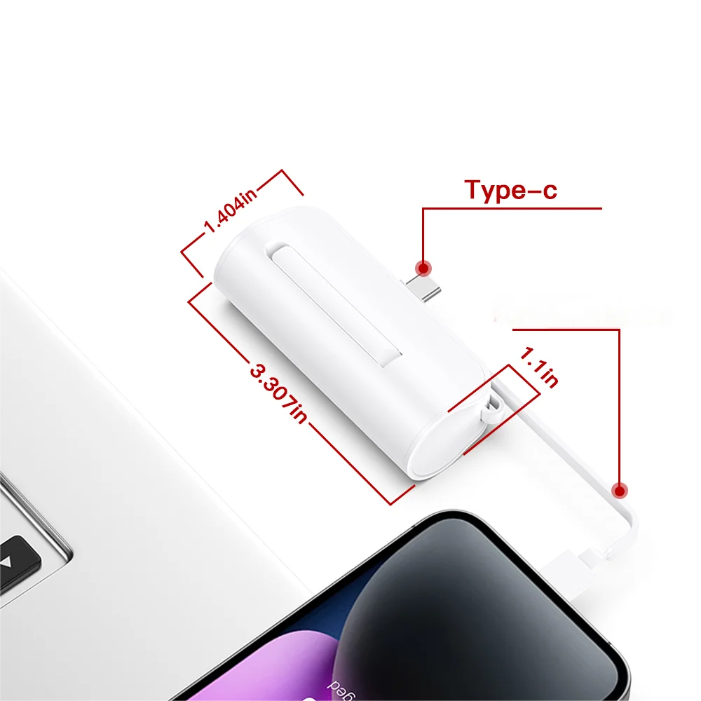 Mini portable 5000mAh power bank with built-in cable charging port, built-in LED lighting lamp, and built-in stand function