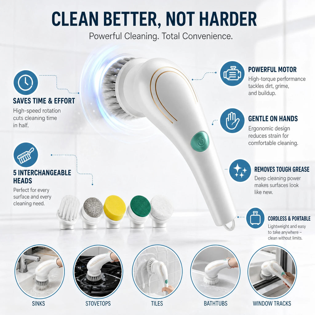 Automatic Cleaning Brush – Sponge Material, Powerful Stain Removal, Multiple Brush Heads, Handle