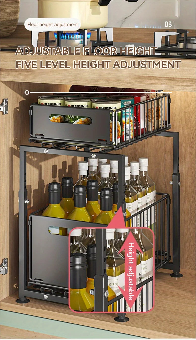 2 Tier Slide Out Cabinet Organizer Heavy Duty, Under Sink Storage Shelf for Kitchen Bathroom, Adjustable Metal Shelf 1/2 Pack