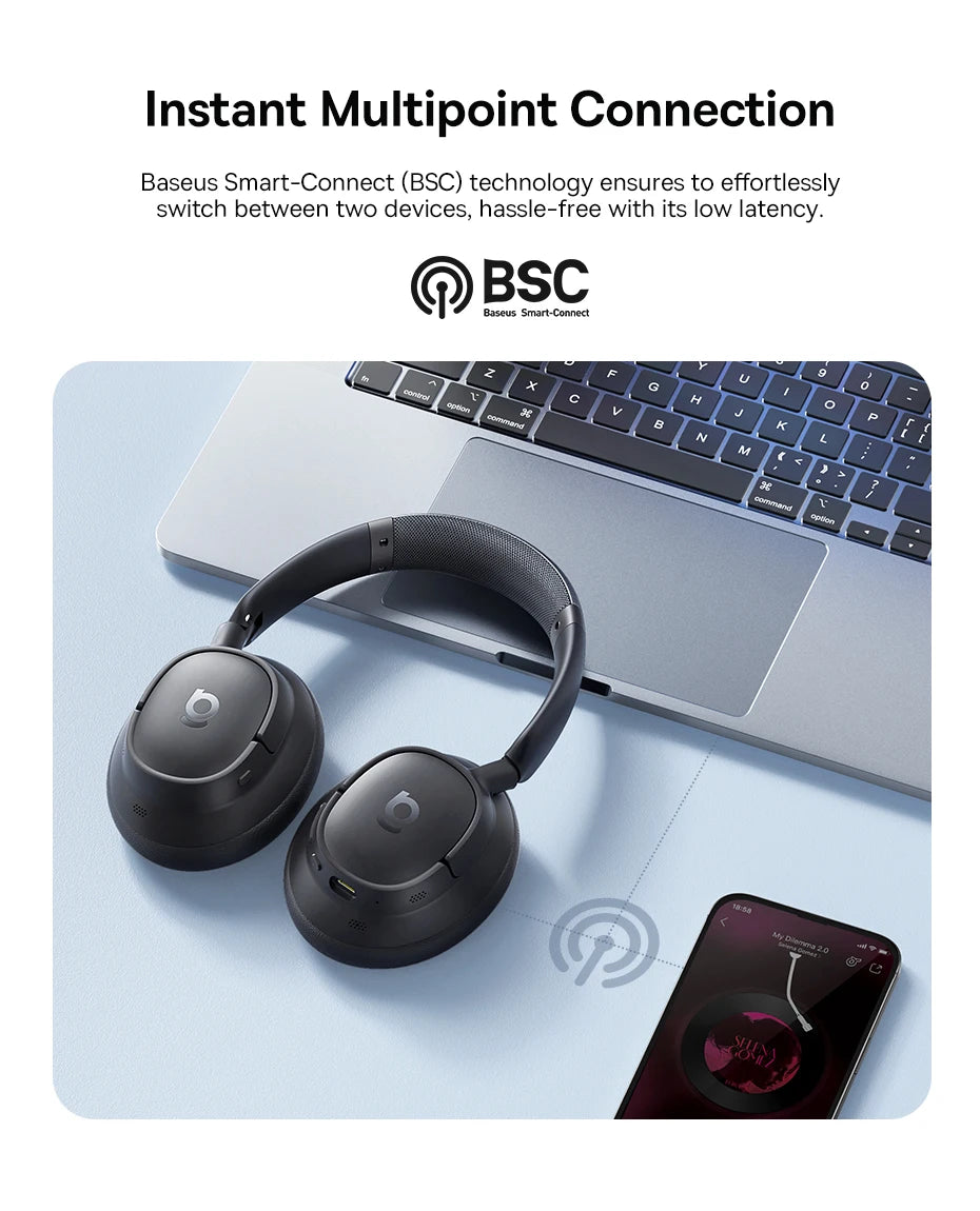 Baseus Bass Wireless Headphones Bluetooth 6.0 98% Noise Canceling Over Ear Headset Spatial Audio Earphone 80H Time