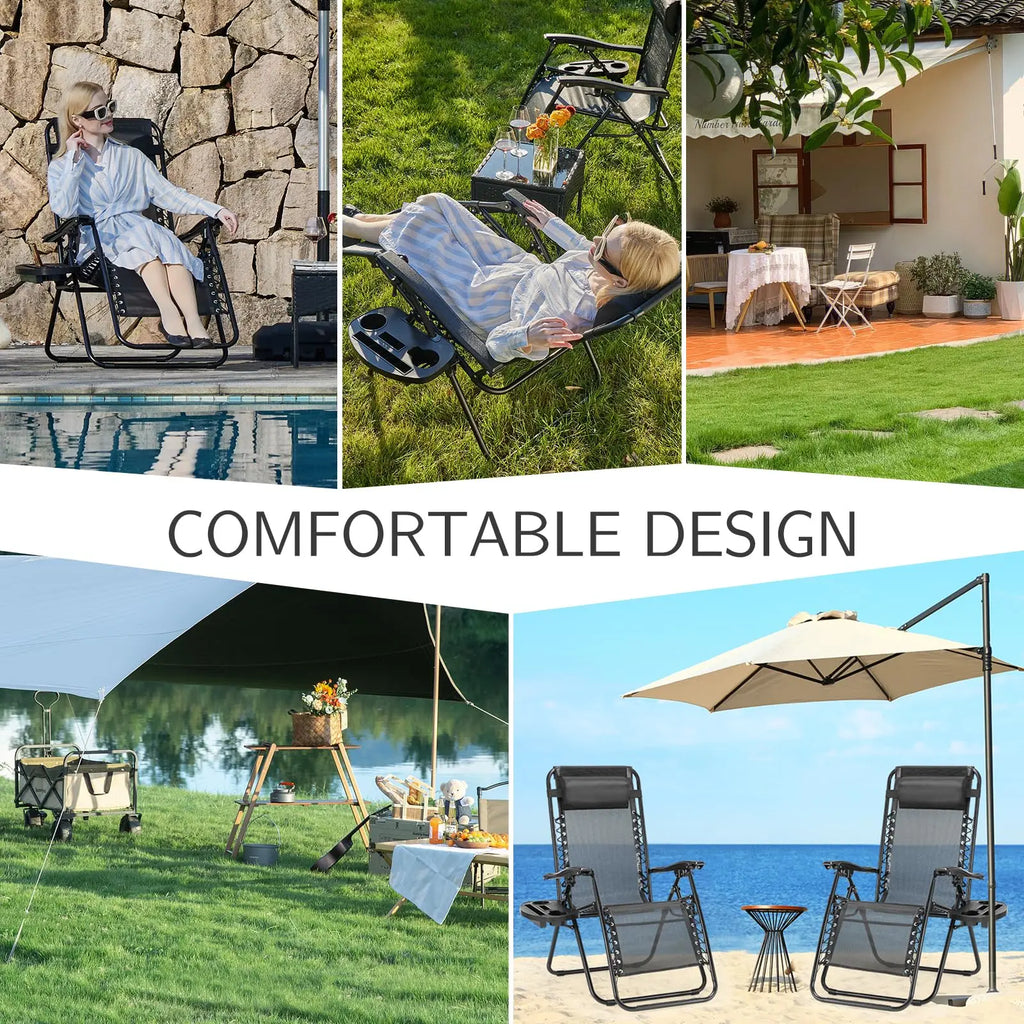 JHK Portable Zero Gravity Recliner Chairs Set of 2 Outdoor Garden Folding Lounge Chair with Cup Holder Trays Adjustable Pillow