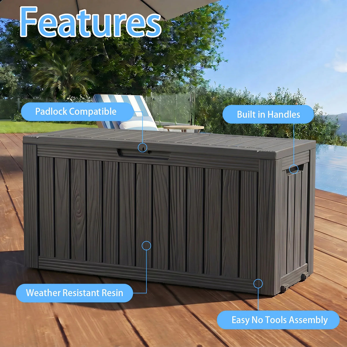 75 Gallon Black Outdoor Storage Box Waterproof Resin Deck Box with Wheels Lockable Patio Garden Storage Container for Cushions Tools Pool Supplies