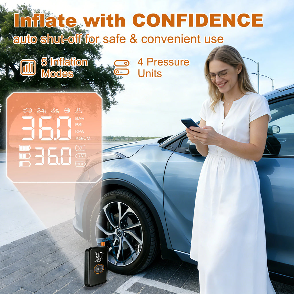 Portable Tire Inflator Air Compressor, 150 PSI Cordless 6000mAh Dual Power, 24L/Min Fast Inflation with Auto Shut-Off, LED Light, 4 Presets for Car/Bike/Motorcycle/Balls (12V DC Car Plug Included)