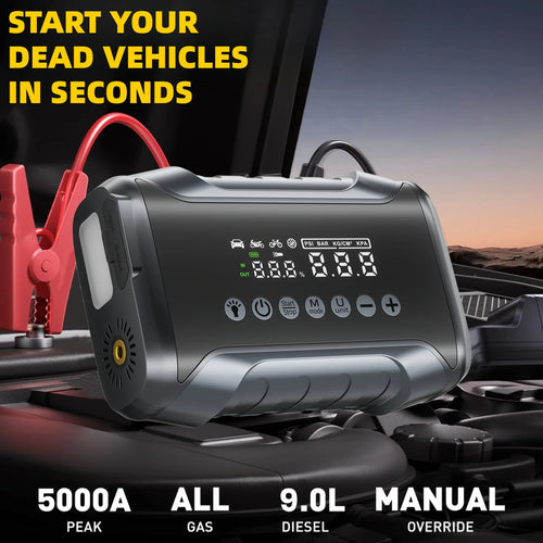 10-IN-1 Jump Starter with Air Compressor, 5000A Portable Car Battery Booster (9.0 Gas/6.5L Diesel) with 150PSI Auto-Shutoff Tire Inflator, 12V Supersafe Lithium Jump Box Car Battery Jumper Starter