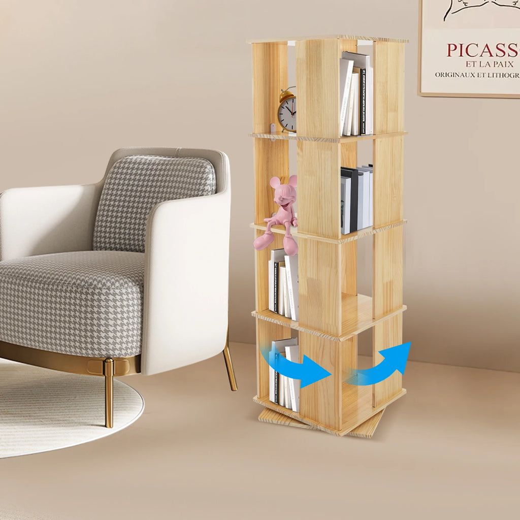 4 Tiers Rotating Bookshelf 360° Revolving Bookcase Display Book Shelf 50kg Load Capacity for Living Room/Balcony/School/Church/Library/Shopping Mall