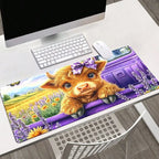 1pc Of Adorable Purple Highland Cattle Mousepad - A Large Desk Mat Featuring A Charming Cow And Lavender Field, Equipped With A Non-Slip Rubber Base, A Smooth Surface, And Built To Last For Office Use, Pcs, Laptops, Keyboards