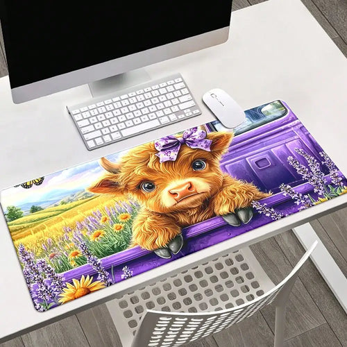 1pc Of Adorable Purple Highland Cattle Mousepad - A Large Desk Mat Featuring A Charming Cow And Lavender Field, Equipped With A Non-Slip Rubber Base, A Smooth Surface, And Built To Last For Office Use, Pcs, Laptops, Keyboards