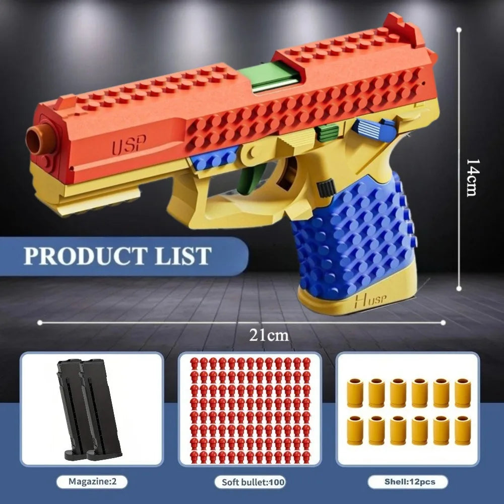 SIG17/USP Building Block Toy Gun Shell Throwing Continuous Firing Airsoft Blowback Empty Hanging Toy Pistol for Outdoor CS Game
