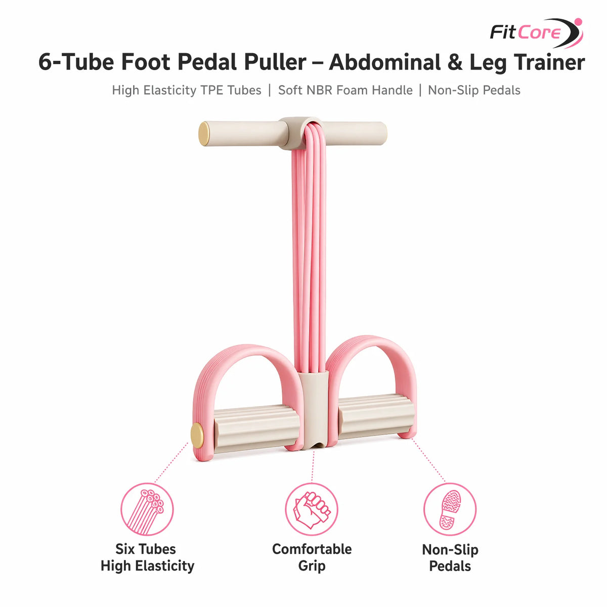 Pink 6-Tube Foot Pedal Resistance Band Space-Saving Figure Sculpting Tool Portable Home Fitness for Ab Core Back Shaping