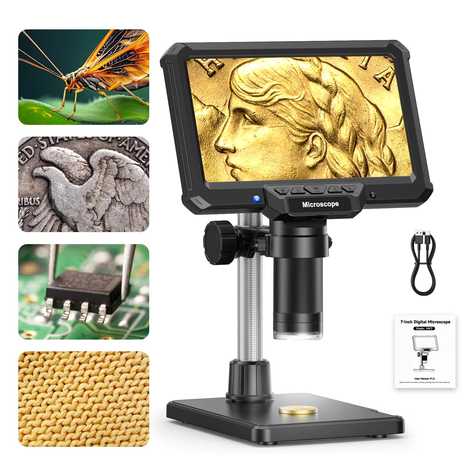 7inch Microscope 1200X 16MP HD Electronic Microscopes Camera Magnifier for Soldering Phone Repair Microscope, Coin, PCB, PC View