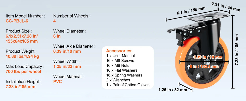 SucceBuy 2/3/4/5/6-inch Swivel Plate Casters Set of 4 with Security Dual Locking PVC Caster Wheels for Cart Furniture Workbench