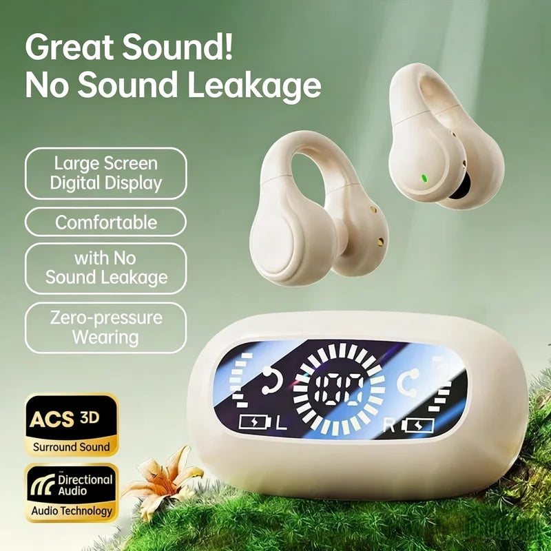 Sports Bluetooth Ear Clip Headphones LED Mirror Screen, HiFi Lossless Sound, Noise Cancelling, Soft Silicone Comfort Earphones