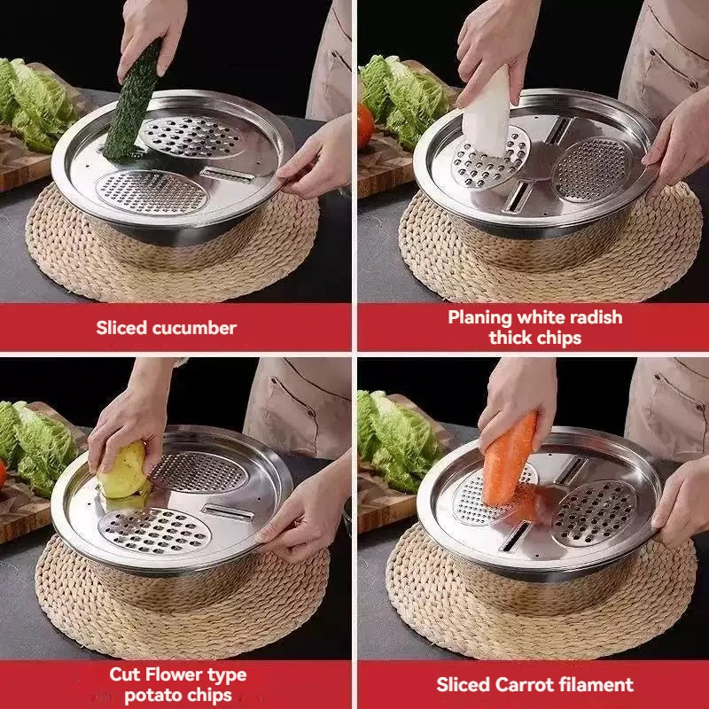 3PCS/1Set Vegetable Slicer, Stainless Steel Slicer, Potato Slicer, Vegetable Washing Basin, Drain Basket, Multifunctional